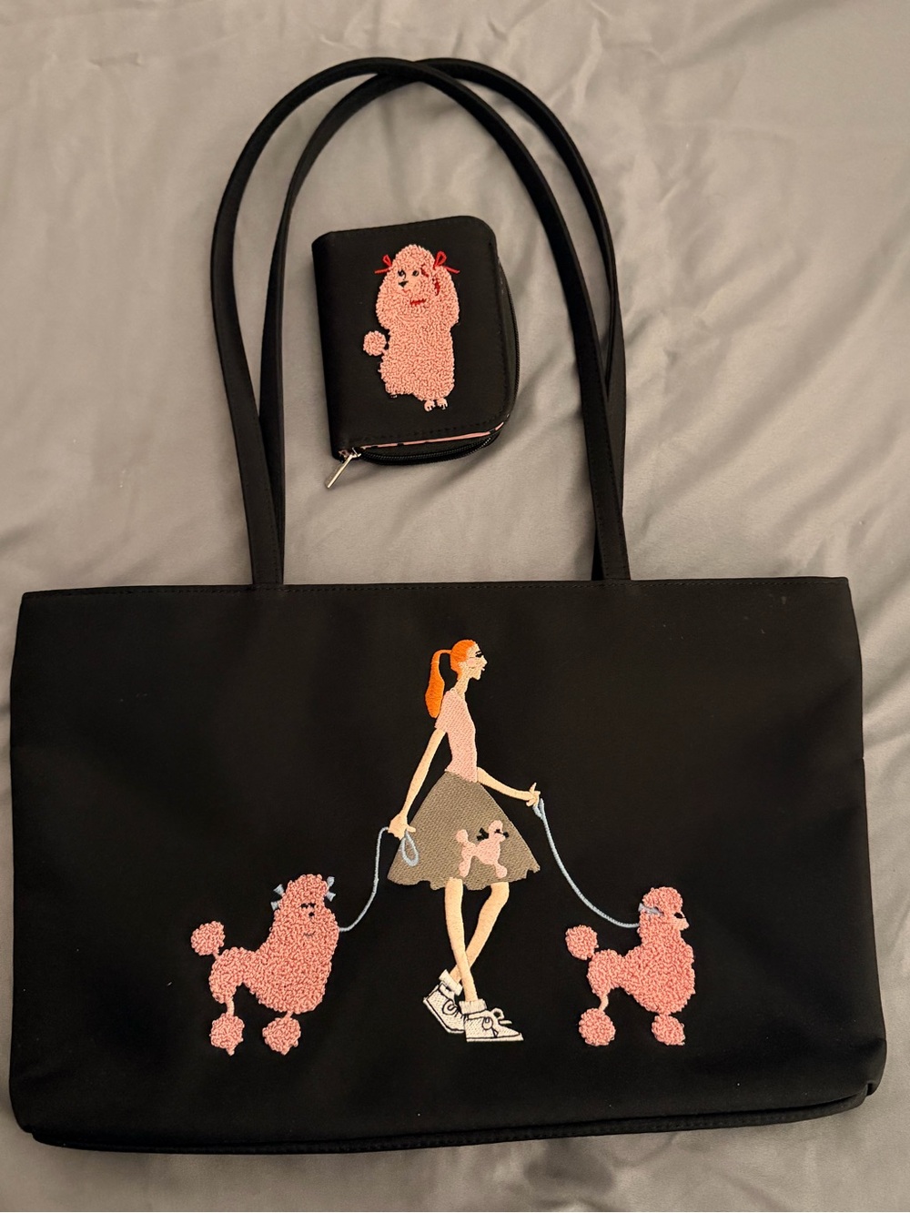 Vintage Sydney Love Black Tote with Pink Poodle Embroidery and matching wallet